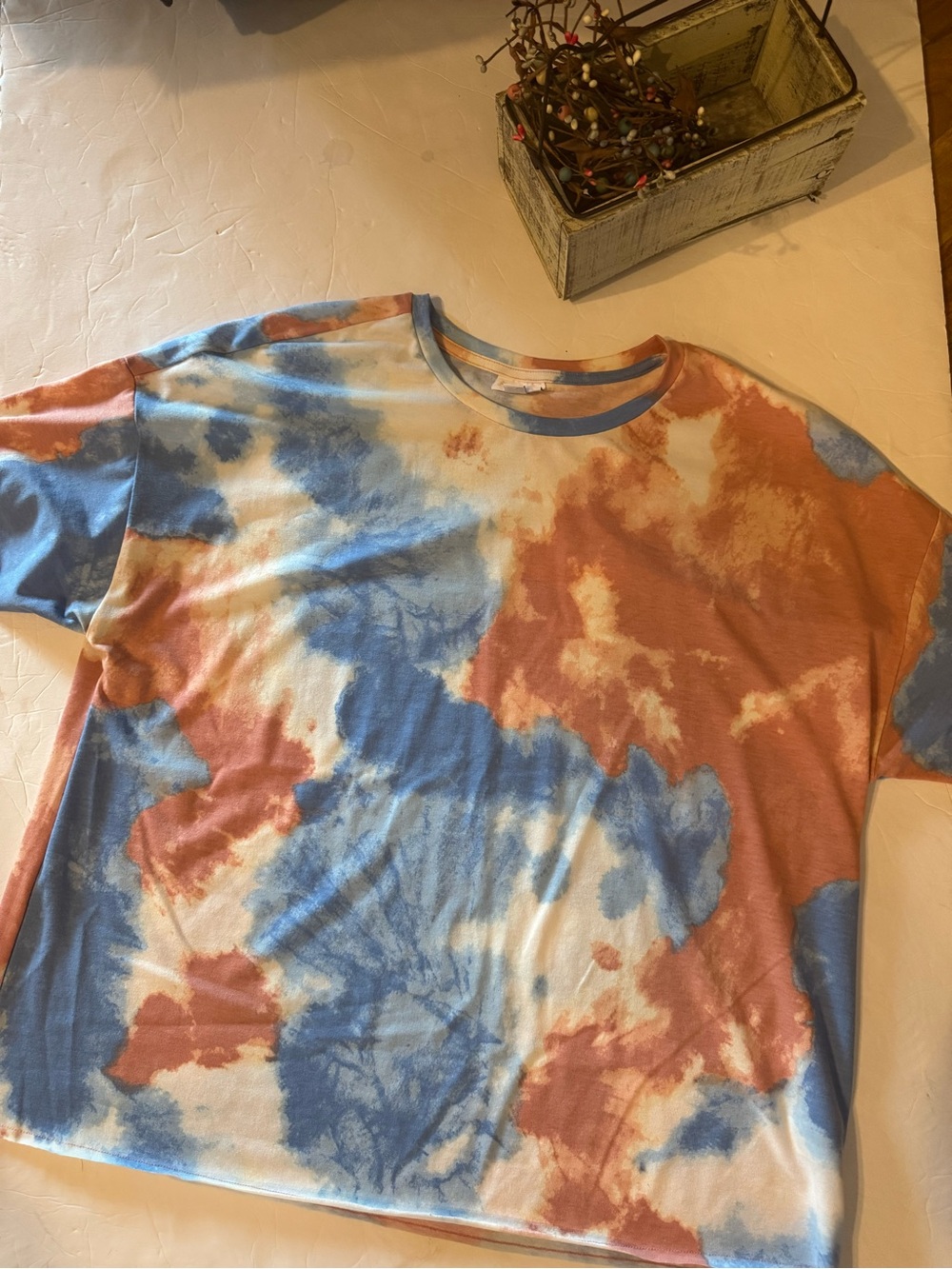 LuLaRoe Tie-Dye Top in Blue, Rust & Cream